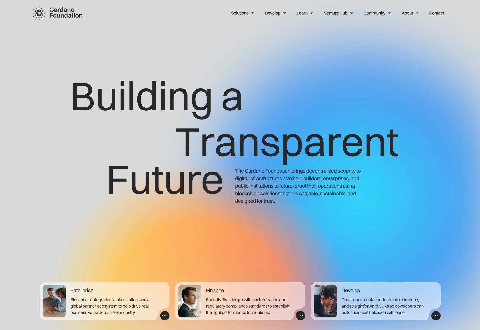 Cardano Foundation homepage: the headline Building a Transparent Future over a soft blue and orange gradient, with Enterprise, Finance and Develop cards below